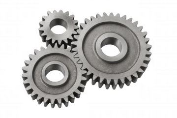 Three metal gears interlocking, representing mechanism, teamwork, and industrial process, isolated on a transparent background