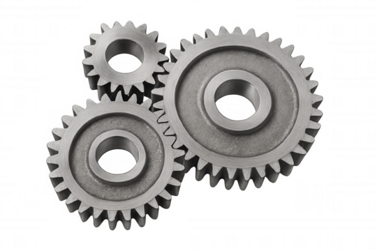Three metal gears interlocking, representing mechanism, teamwork, and industrial process, isolated on a transparent background