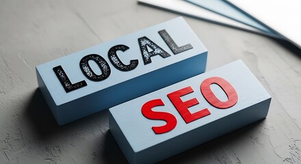 Local seo concept with wooden blocks on a gray surface in a studio shot