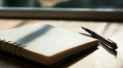Notebook and Pen: Ready for creativity, journaling, or note-taking with blank pages and a classic fountain pen in natural sunlight, ready for new ideas.