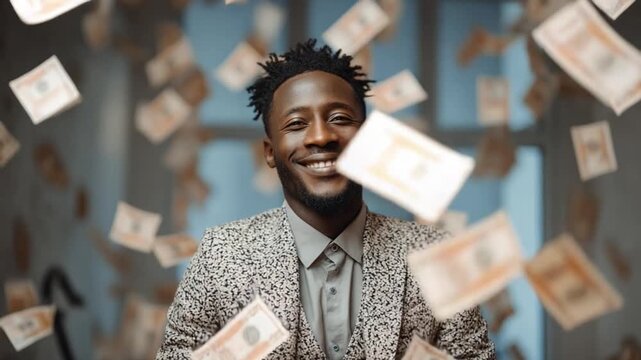 Monetary Delight: A smiling person surrounded by falling money, embodying prosperity and financial freedom.