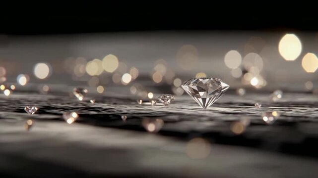 A radiant display of sparkling diamonds, illuminated and scattered, in a mesmerizing close-up view, evokes luxury, beauty, and preciousness.