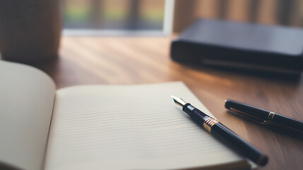 Workspace with Open Notebook and Pen. Create content and stay organized. Capture creative ideas and plans with an open notebook and pen.