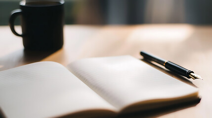 A black fountain pen is placed on a notebook, alongside a coffee mug. All are set on a desk in the light.