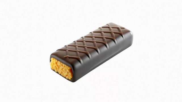 A chocolate-covered snack bar with a textured pattern on its surface and a fill of yellow inner ingredients visible at one end.