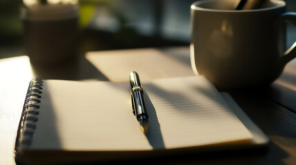 Pen on notebook with mug in soft sunlight, inviting creativity and reflection. A serene workspace scene.