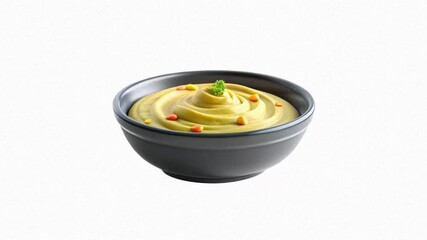 A creamy soup served in a black bowl, garnished with colorful toppings.