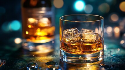 Close-up of Premium Single Malt Whisky in Glasses with Ice on a Glimmering Background