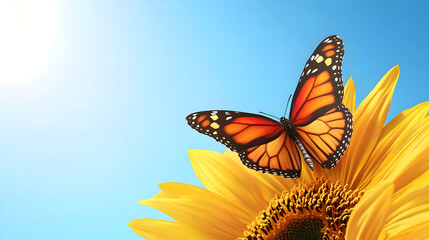 Butterfly on sunflower against blue sky nature background for design