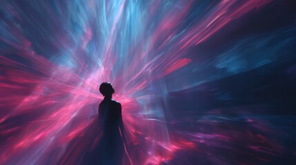 Obraz premium Awe-Inspiring Figure Bathed in Glowing Radiant Light Beams in a Mesmerizing Cosmic Landscape