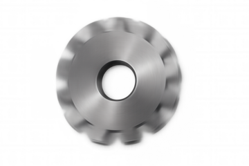 Spinning metal gear wheel with blurred motion and brushed texture, symbolizing teamwork and connection on transparent background