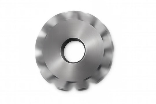 Spinning metal gear wheel with blurred motion and brushed texture, symbolizing teamwork and connection on transparent background