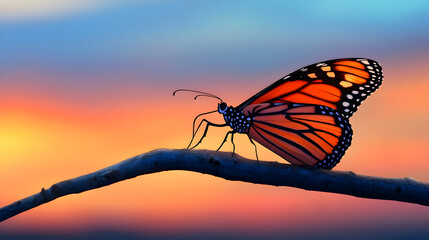 Orange butterfly perched on branch against sunset sky