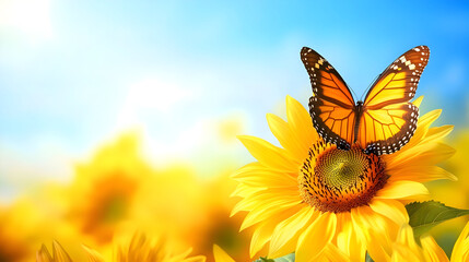 Monarch butterfly perched on sunflower in bright sunlight
