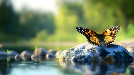 Butterfly resting on a rock near water with soft focus background