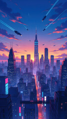 Futuristic City Skyline at Sunset with Flying Vehicles and Neon Lights