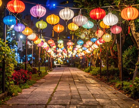 Colorful lanterns illuminate a path at night
