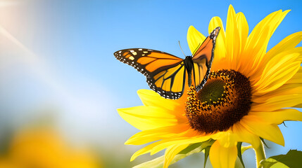 Sunflower with butterfly against blue sky sunlight