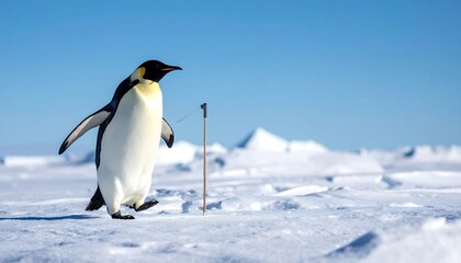 A single Emperor penguin strides across a snow-covered icy landscape under a clear, bright blue sky. In the background are glacial formations