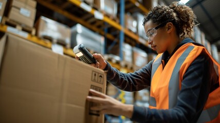Focused warehouse employee in safety vest scanning a cardboard box with a handheld barcode reader among stacked inventory.