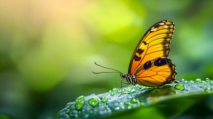 Vibrant orange butterfly on green foliage with water droplets and soft sunlight