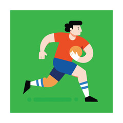 Fototapeta premium Rugby player in orange shirt and blue shorts with ball