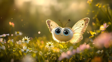 Animated butterfly in a sunny garden with daisies and greenery