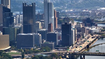 Pittsburgh, PA downtown city skyline office towers, skyscrapers, big city in Pennsylvania part of Rust Belt known for Steel production