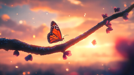 Butterfly perched on branch against a glowing sunset sky