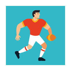 Fototapeta premium Rugby player in red and white uniform running with ball
