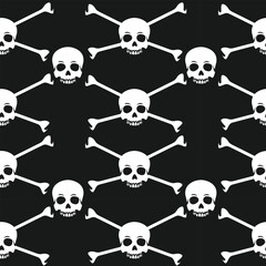 Pirate skull with crossbones pattern. Halloween wallpaper, background.  Gothic design. Cartoon symbol ghost with bones. Vector illustration