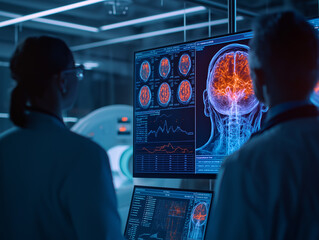 Scientists Analyzing AI-Enhanced Brain Scan Data on Digital Displays