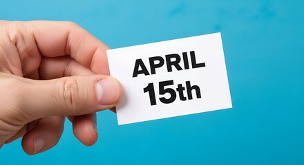 Hand holding a card with april 15th written on it against blue background