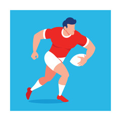 Obraz premium Rugby player running with ball on blue background Keywords: rugby, player, sport, athlete