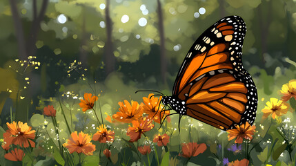 Monarch butterfly resting on orange flowers in natural sunlight