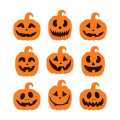Halloween pumpkins silhouette collection, isolated on white background. Pumpkins different shapes silhouette set. Scary spooky carving pumpkins vector icons