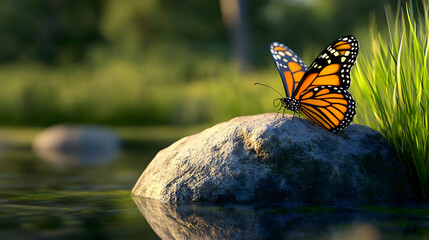 Butterfly resting on stone beside water with green foliage