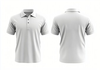 Front and back views of a plain white short sleeved polo shirt with a collar and buttons