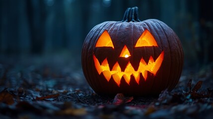 Fototapeta premium Spooky Carved Pumpkin Lantern with Glowing Eyes Illuminating a Mysterious Dark Forest Scene