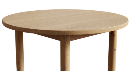 A simple round wooden table with three legs, isolated on transparent background