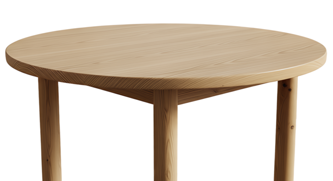 A simple round wooden table with three legs, isolated on transparent background