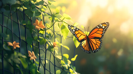 Monarch butterfly with orange wings resting on a green plant beside fence