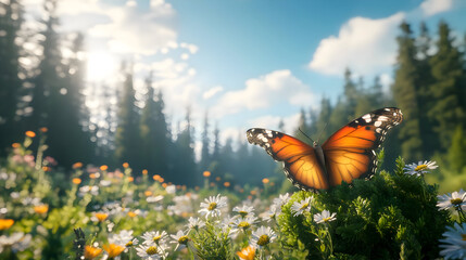 Butterfly soaring above wildflowers in a forest illuminated by sunlight