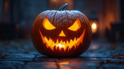 Grinning Pumpkin Lantern with Carved Face Glowing in the Dark for Halloween Celebration