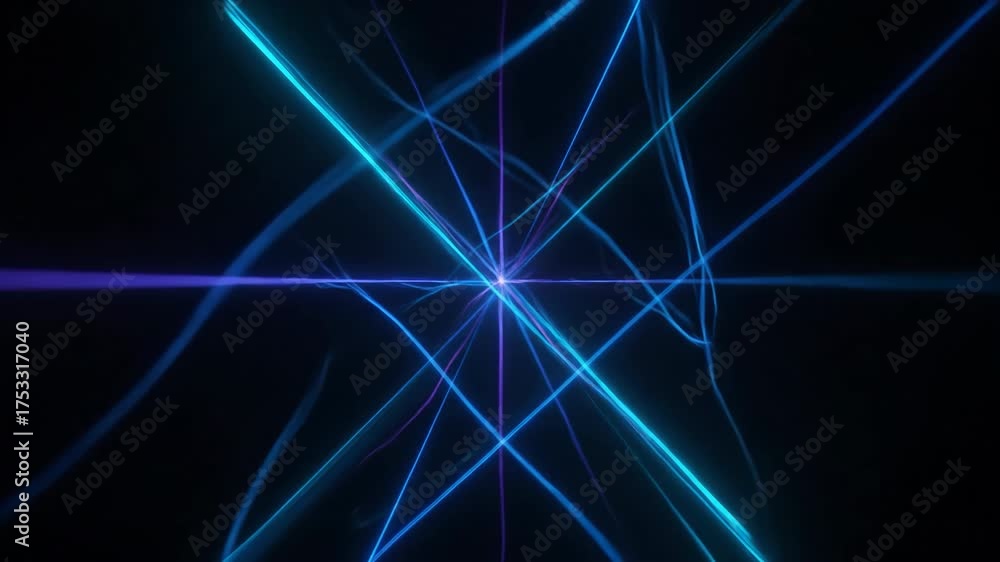 Poster intersecting abstract glowing lines forming complex geometric patterns and slowly shifting in a dark