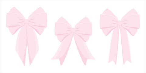 Bow set. Cartoon vector pink ribbons satin bows for Valentines day gifts, present cards and luxury wrap pack isolated on white background