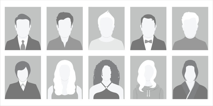 Collection of monochrome simple gray avatar icons, default male and female profiles. Diverse people avatars for social media profiles. Vector