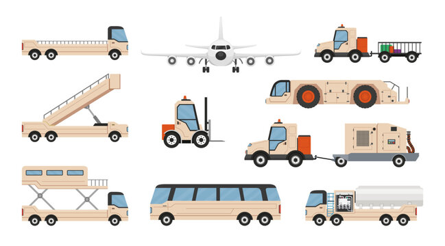 A display of airport ground service vehicles. These include tractors, baggage carts, and passenger buses, illustrating their role in providing aircraft services and passenger transportation.