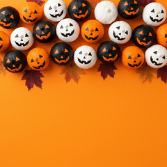 Bordo superiore con mini-zucche decorative nere, bianche e arancioni sorridenti, sparse su sfondo arancione e decorate con foglie d'acero.