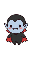 Fototapeta premium Cute chibi cartoon vampire with fangs and red cape on white background.